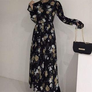 Long-sleeve Flower Print Maxi A-line Dress Dark Blue - One Size