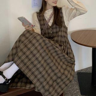 Plaid Midi A-line Overall Dress / Mock-neck Blouse