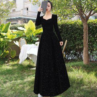 Long-sleeve Glitter A-line Evening Gown / Midi Cocktail Dress