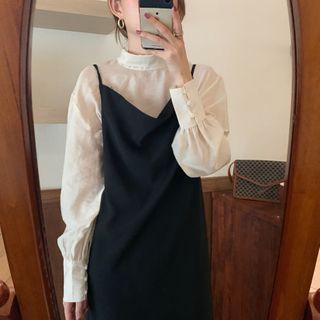 Plain Lantern-sleeve Blouse / Spaghetti Strap Midi Dress