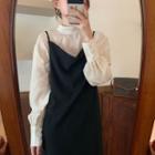 Plain Lantern-sleeve Blouse / Spaghetti Strap Midi Dress