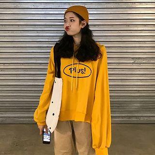 Plain Lettering Print Drawcord Long-sleeve Hooded Sweatshirt