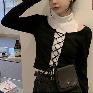 Set: Turtleneck Camisole Top + Long-sleeve Lace-up T-shirt Set Of 2 - Camisole - White & T Shirt - Black - One Size