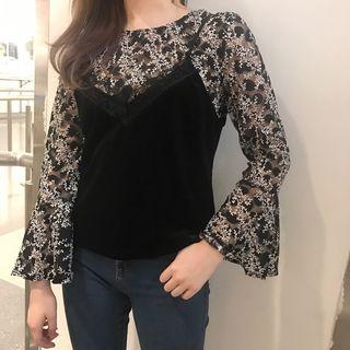 Set: Floral Print Long Sleeve Mesh Top + Plain Camisole Top