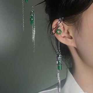 Bamboo Faux Gemstone Alloy Fringed Earring 1 Pc - Clip On Earring - Silver & Green - One Size
