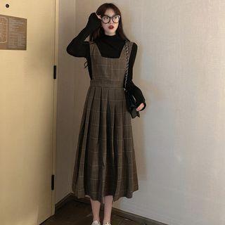 Wide Strap Plaid Pleated Jumper Dress