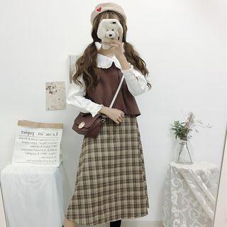 Ruffled Blouse / Plain Vest / Plaid Midi A-line Skirt