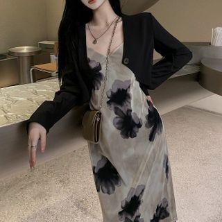 Spaghetti Strap Floral Print Midi Sheath Dress / Cropped One-button Jacket