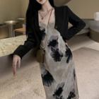 Spaghetti Strap Floral Print Midi Sheath Dress / Cropped One-button Jacket