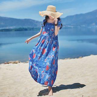 Ethnic Pattern Short-sleeve Square-neck Dress Blue - One Size