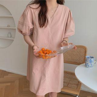 V-neck Puff Sleeve Dress Pink - One Size