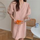 V-neck Puff Sleeve Dress Pink - One Size