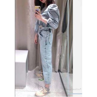 Long-sleeve Shirred Cropped Denim Blouse