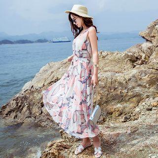 Flower Print Sleeveless Maxi A-line Sundress