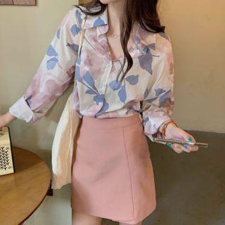 Long-sleeve Floral Print Shirt Pink Flowers - White - One Size
