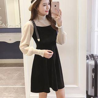 Set: Long-sleeve Mock-neck Top + A-line Velvet Pinafore Dress
