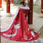 Crane-print Furry Trim Hooded Cape Red - One Size