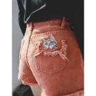 Cat-embroidered Frayed Denim Shorts