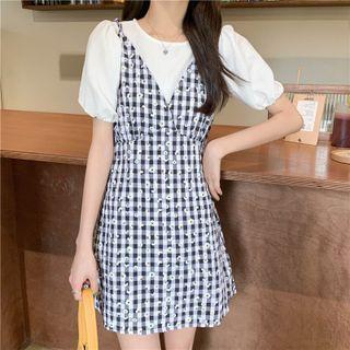 Short-sleeve Blouse / Spaghetti Strap Gingham Mini Dress
