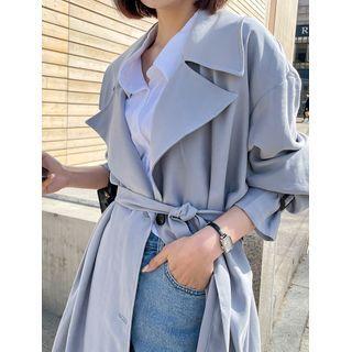 Wide-lapel Long Trench Coat With Sash