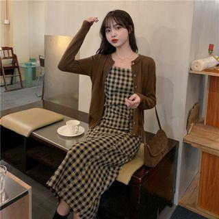 Spaghetti Strap Plaid Dress + Plain Cardigan