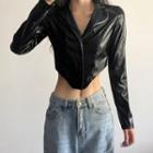 Cropped Faux Leather Single-breasted Blazer