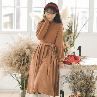 Mock-neck Tie-waist Knit A-line Dress