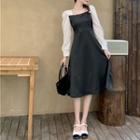 Square-neck Puff-sleeve Paneled A-line Dress Black - One Size