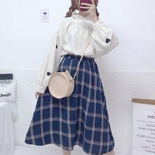 Heart Embroidered Blouse / Plaid A-line Midi Skirt