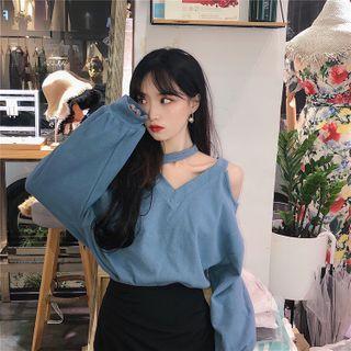 Off Shoulder Long-sleeve Top / High Waist Plain Skirt