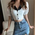 Short Sleeve Contrast Collar Cropped Blouse