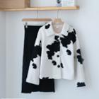 Milk Cow Print Single-breasted Fleece Jacket / Midi A-line Knit Skirt