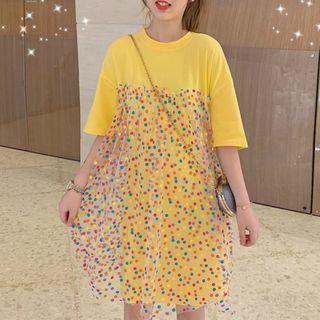 Short-sleeve Dotted Mesh Panel T-shirt Dress As Shown In Figure - One Size