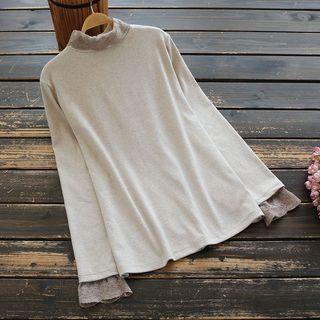 Long-sleeve Mock-neck Lace Panel T-shirt