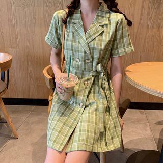 Short-sleeve Double-breasted Plaid Mini Dress