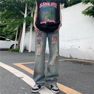 Mid Waist Lettering Distressed Straight Leg Jeans