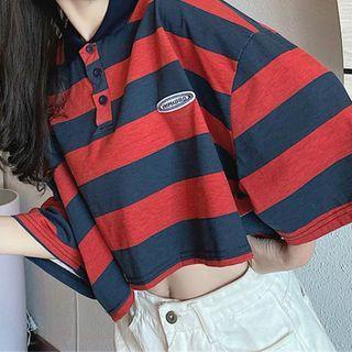 3/4-sleeve Striped Cropped Polo Shirt