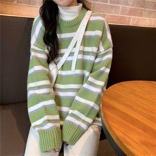Long-sleeve Striped Knit Sweater Green - One Size