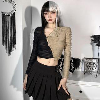Long-sleeve Two-tone Button-up T-shirt