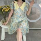 Puff-sleeve Contrast Collar Floral Print Midi A-line Dress