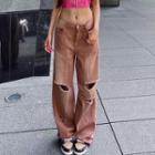 Low-waist Washed Distressed Wide-leg Pants