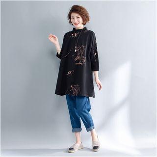Patterned 3/4-sleeve Mock Neck Pullover Black - One Size