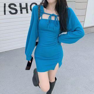 Spaghetti Strap Bodycon Dress / Puff-sleeve Crop Top