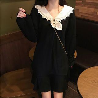 Collared Long-sleeve A-line Dress Black - One Size