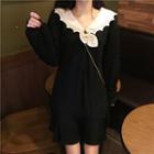 Collared Long-sleeve A-line Dress Black - One Size