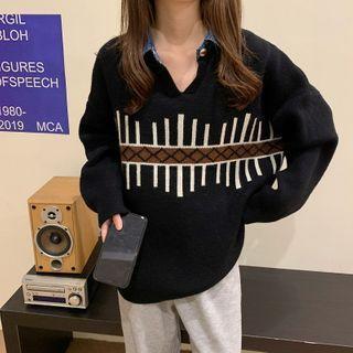 Denim Collar Patterned Sweater