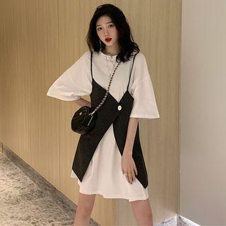 Set: 3/4-sleeve Mini T-shirt Dress + Spaghetti Strap Striped A-line Dress