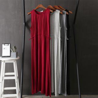 Plain Sleeveless Drawstring-waist Midi Dress