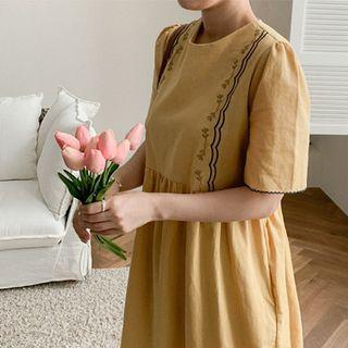 Embroidered-detail Tie-waist Linen Blend Dress