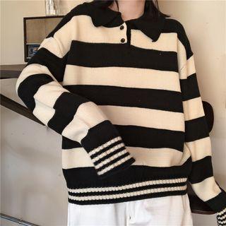 Striped Knit Polo Shirt Black & White - One Size